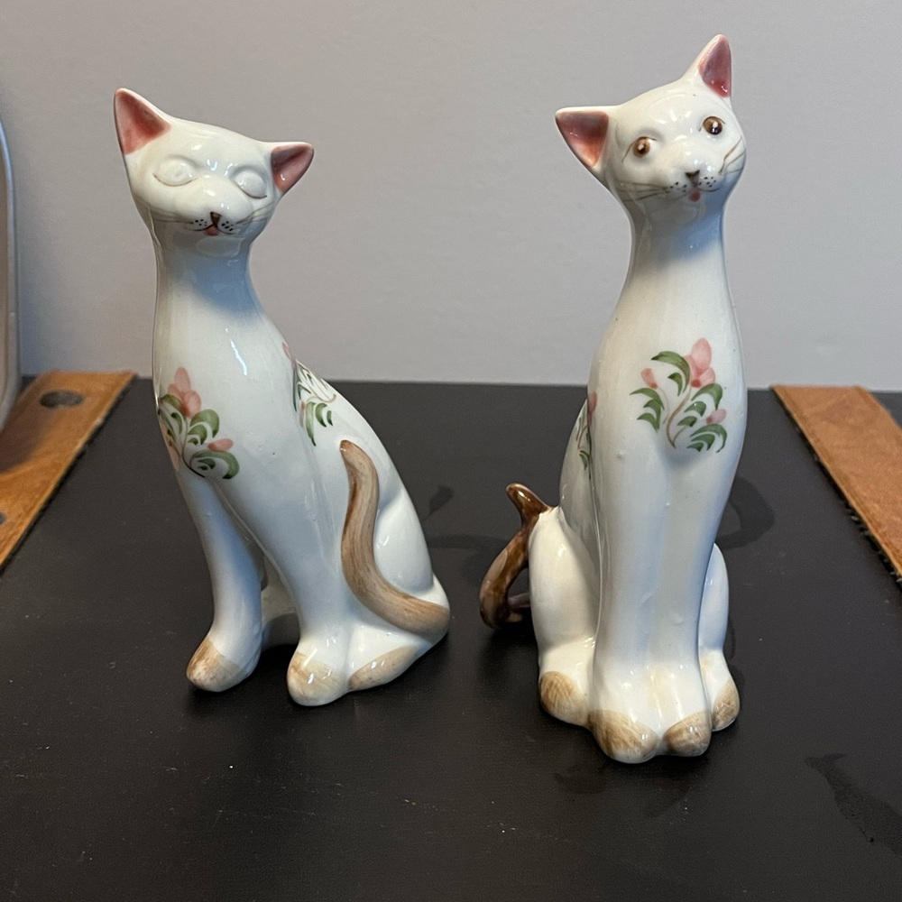 Two Cat Figurines by Andrea by Sadek Porcelain White With Flowers